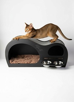 картинка Домик с когтеточкой волна для кошки и собак мелких пород с встроенной мискoй (чёрный)