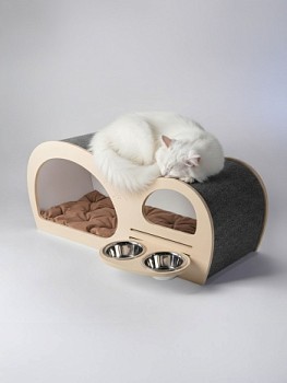 картинка Домик с когтеточкой волна для кошки и собак мелких пород с встроенной мискoй (бежевый)