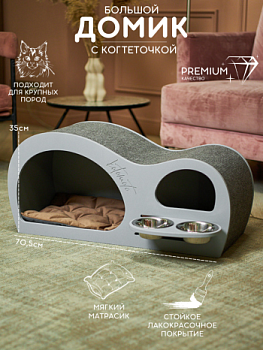 картинка Домик с когтеточкой волна для кошки и собак мелких пород с встроенной мискoй (серый)