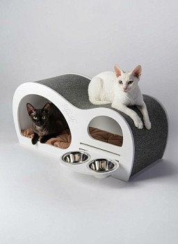 картинка Домик с когтеточкой волна для кошки и собак мелких пород с встроенной мискoй (белый)